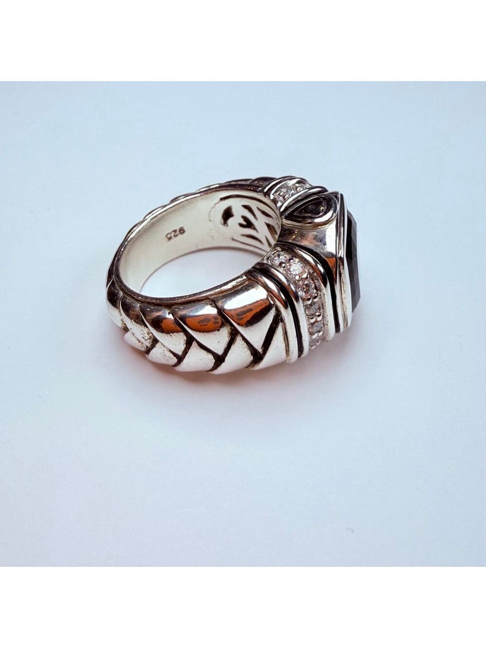 Scott Kay Cushion Smoky Quartz & Diamond Sterling Silver 925 Basket Weave Ring - Picture 7 of 12